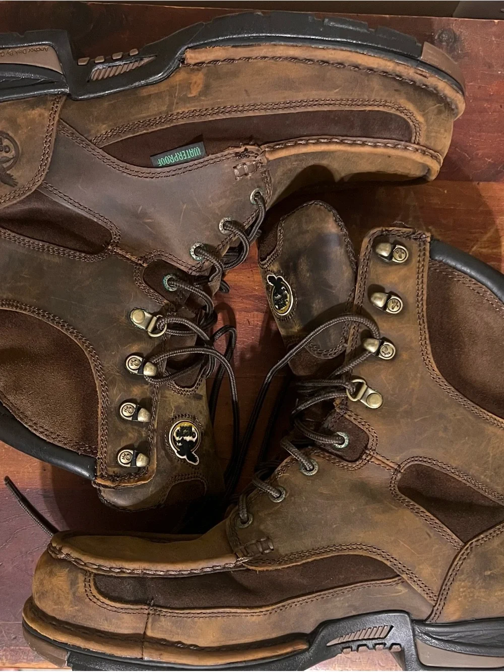 Georgia Boot Brown Leather Waterproof Work Boots with Black Soles